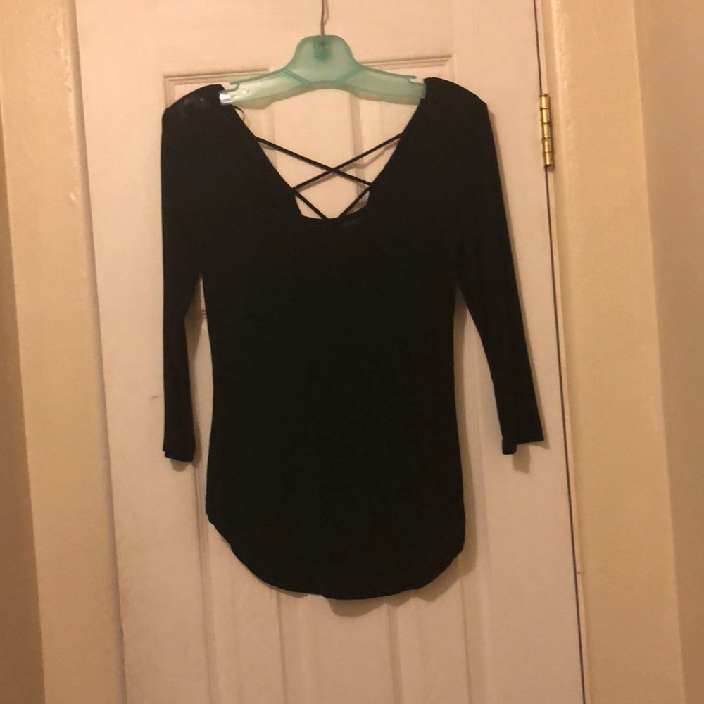5/20 black ribbed shirt w criss cross back